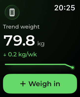 Scalin on Apple Watch showing weight, weekly pace and a Weigh in button